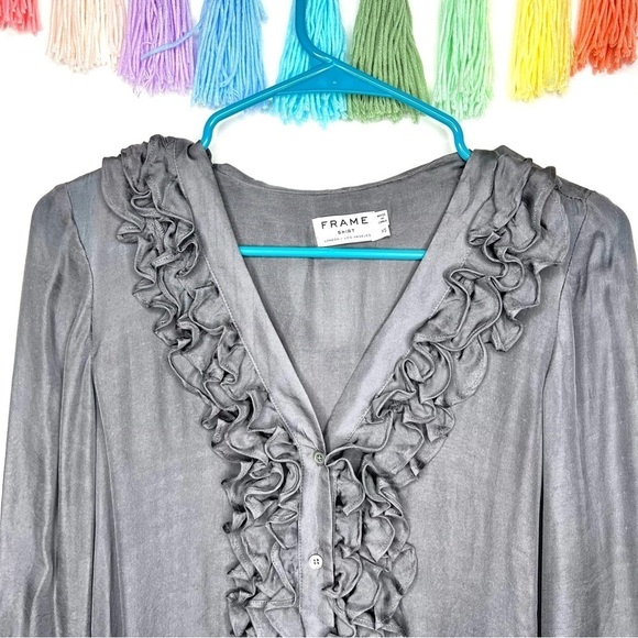 FRAME Tuxedo Smoke Grey Gray Silk Chiffon Ruffle Button Down Blouse Extra Small - Picture 6 of 16